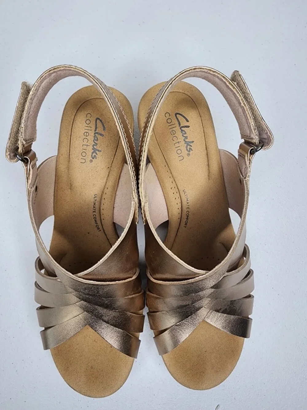 Clarks Collection Woven Leather Metallic Wedge Giselle Glow Rose Gold 8-1/2 WIDE